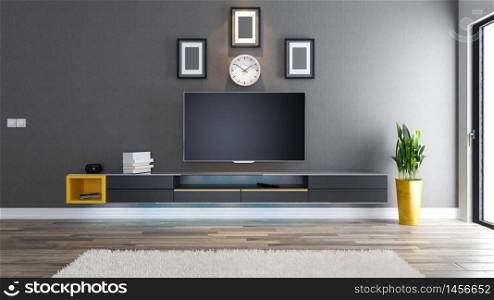 tv room, salon or living room with covered wallpaper wall plant and black tv stand design