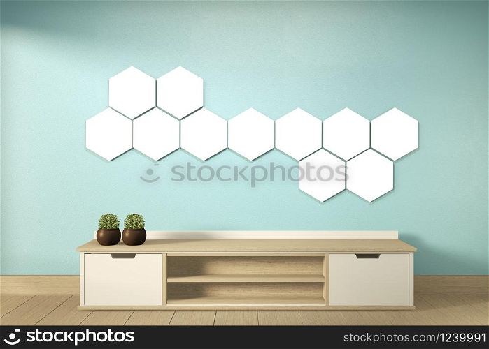 Tv shelf and hexagon lamp on wall mint room modern tropical style - empty room interior - minimal design. 3d rendering