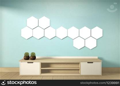 Tv shelf and hexagon lamp on wall mint room modern tropical style - empty room interior - minimal design. 3d rendering