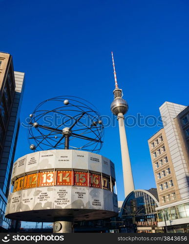 Tv tower and world clock at Alexanderplatz train station, Berlin, Germany