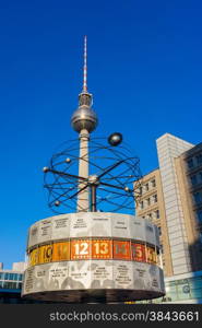 Tv tower and world clock at Alexanderplatz train station, Berlin, Germany