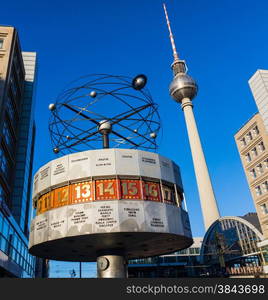 Tv tower and world clock at Alexanderplatz train station, Berlin, Germany