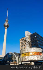 Tv tower and world clock at Alexanderplatz train station, Berlin, Germany