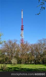 TV tower in the park on a summer day, Ukraine. Kherson city
