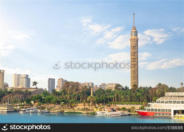 TV tower on river Nile in Cairo at sunset