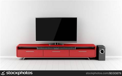 Tv with soundbar and subwoofer on tv stand