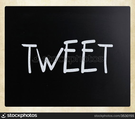 ""Tweet" handwritten with white chalk on a blackboard."