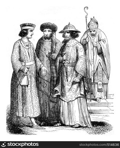 Twelfth century Bishop and lords, vintage engraved illustration. Magasin Pittoresque 1844.