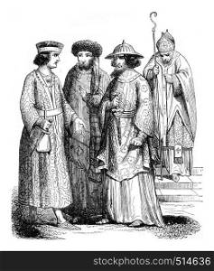 Twelfth century Bishop and lords, vintage engraved illustration. Magasin Pittoresque 1844.