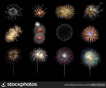 Twelve colorful fireworks on black background