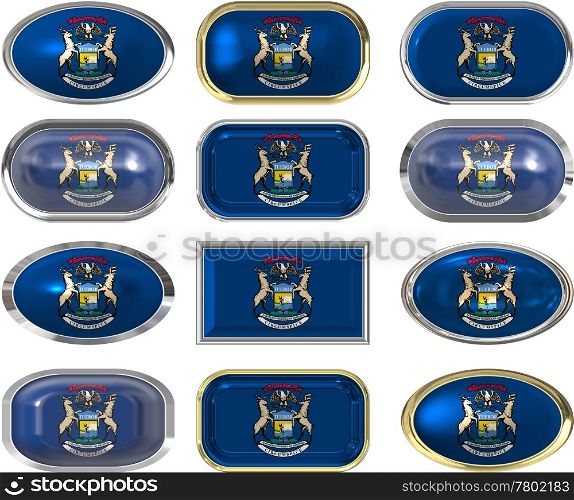 twelve Great buttons of the Flag of Michigan. Flag; state; Country; Cloth; Patriotic; Patriotism; nationalism; background; fabric; material; symbol; illustration; glory; emblem; Michigan