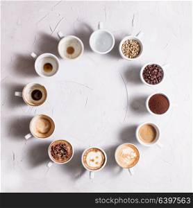 Twelve white cups of different stages of preparing cappuccino. Coffee lover concept clock. Coffee is my love