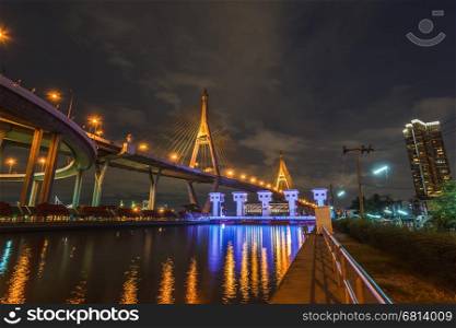 Twilight at Bhumibol Bridge in Bangkok, Thailand