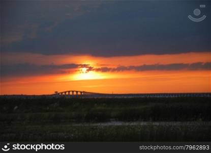 Twilight at the Oland bridge, connecting the island Oland with mainland Sweden
