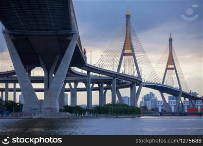 Twilight Bridge in Thailand,The bridge crosses the Chao Phraya River twice.