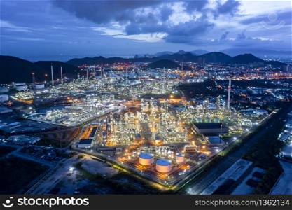 twilight city and landscape view refinery oil and LPG in Thailand aerial view from drone