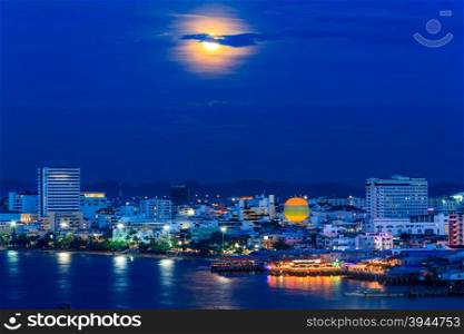 Twilight City With Full Moon,Pattaya Thailand.