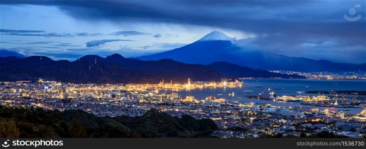 twilight cityscape and fuji mountain background at Shizuoka in japan