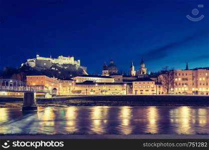 Twilight hour in Salzburg: Fortress Hohensalzburg and old city
