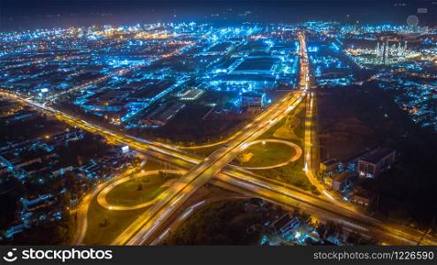 twilight landscape ring road inter city and lightning cityscape background at night aerial view from drone