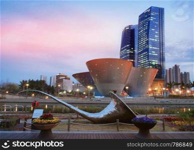 Twilight of Central park in Songdo International Business District, Incheon, South Korea.