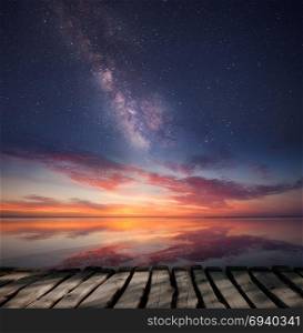 Twilight starry sky over ocean horizon. Beautiful colorful landscape