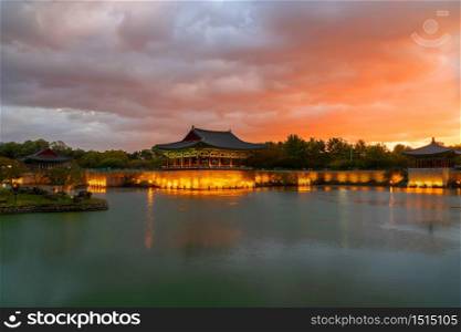 Twilight sunset at donggung palace and wolji pond in gyeongju national park, South Korea.