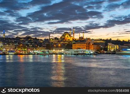 Twilight view of Istanbul port in Istanbul city, Turkey.