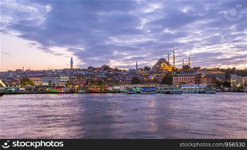 Twilight view of Istanbul port in Istanbul city, Turkey.