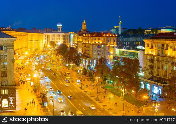 Twilight view of Kiev cityscape with illuminated Khreshatyk street in downtown aerial view, Ukraine