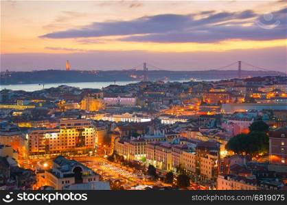 Twilight view of Lisbon historical center. Portugal