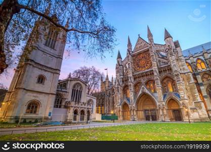 Twilight view of Westminister Abbey cathedral in London, United Kingdom