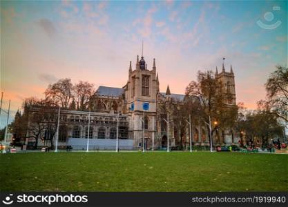 Twilight view of Westminister Abbey cathedral in London, United Kingdom
