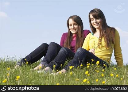 Twin Teenage Girls Sitting In Summer Meadow