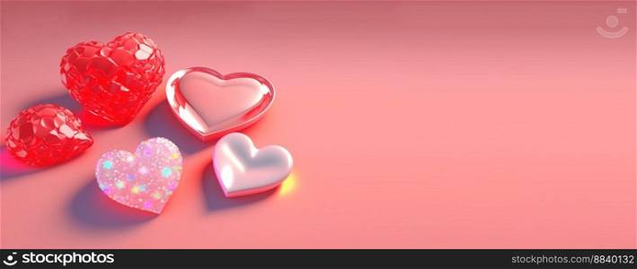 Twinkling 3D Heart Shape, Diamond, and Crystal Illustration for Valentine&rsquo;s Day Banner