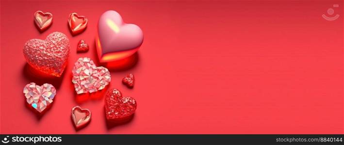 Twinkling 3D Heart Shape, Diamond, and Crystal Illustration for Valentine&rsquo;s Day Banner