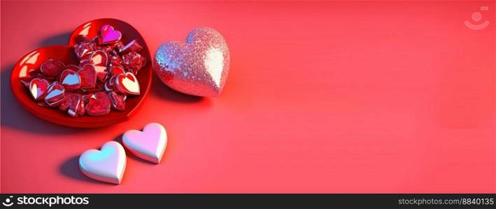 Twinkling 3D Heart Shape, Diamond, and Crystal Illustration for Valentine’s Day Banner