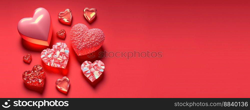 Twinkling 3D Heart Shape, Diamond, and Crystal Illustration for Valentine’s Day Banner