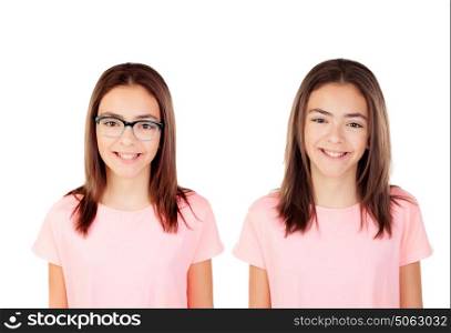 Twins teenager girls isolated on a white background