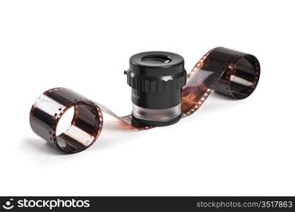 twisted negative film, and Magnifier isolated on white background