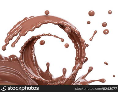 Twisted spiral chocolate wave or flow splash, pouring hot melted milk chocolate sauce or syrup, cocoa drink or cream, swirl liquid dessert background, choco splash, drink dessert, isolated, 3d rendering