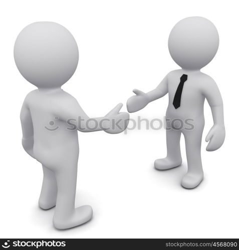 Two 3D business man in ties shake hands on a white background