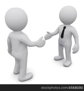 Two 3D business man in ties shake hands on a white background