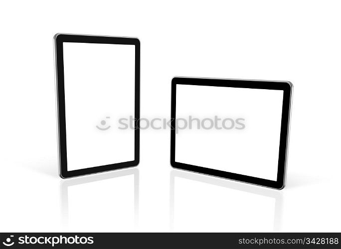 two 3D computers, digital Tablet pc, tv screen, isolated on white with 2 clipping paths : one for screen and one for global scene. two 3D computers, digital Tablet pc, tv screen