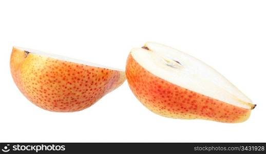 Two a orange slices of fresh pear. Isolated on white background. Close-up. Studio photography.