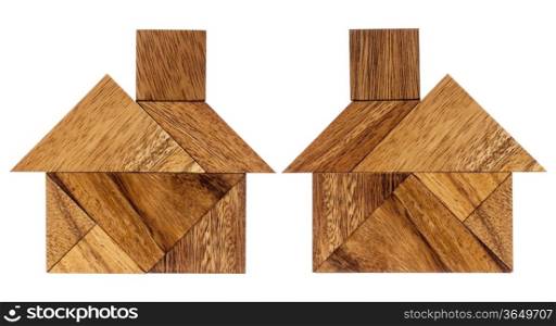 two abstract pictures of a house built from seven tangram wooden pieces, a traditional Chinese puzzle game