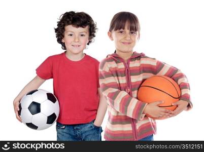 Two adorable children with balls on a over white background
