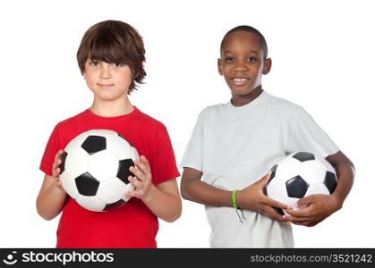 Two adorable children with balls on a over white background