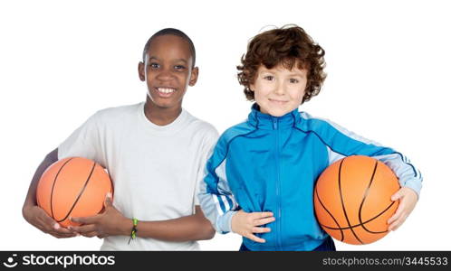 Two adorable children with basketball on a over white background