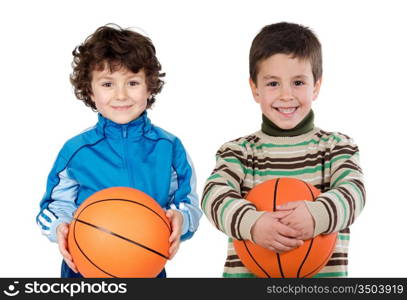 Two adorable children with basketball on a over white background